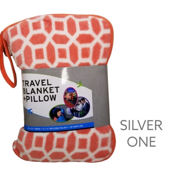 SILVER One Travel Blanket‎ And Pillow Set Orange White Geometric Pattern NWT - Picture 4 of 4
